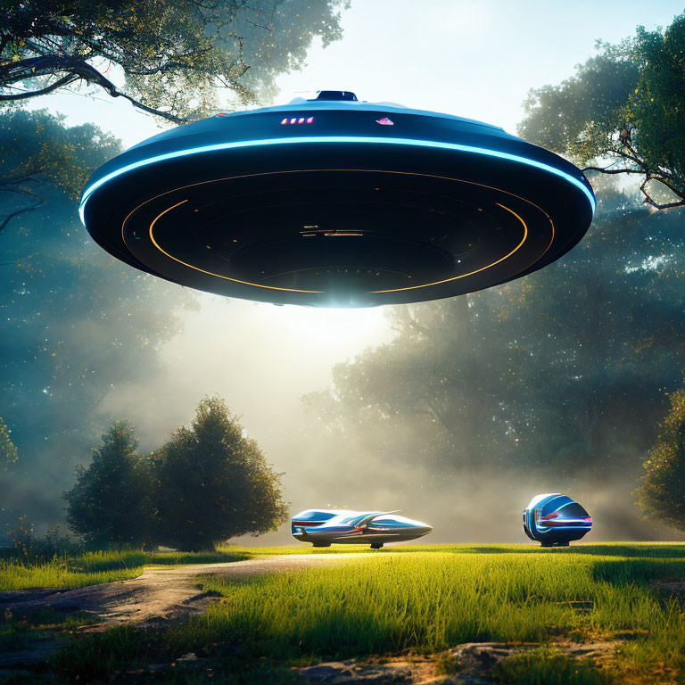 Mysterious UFO Hovering Over Forest Path with Flying Saucers