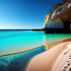 Tranquil Beach Scene with Clear Blue Waters & Overhanging Cliff