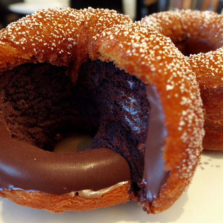 Three chocolate donuts with white sprinkles, one partially eaten showing soft interior