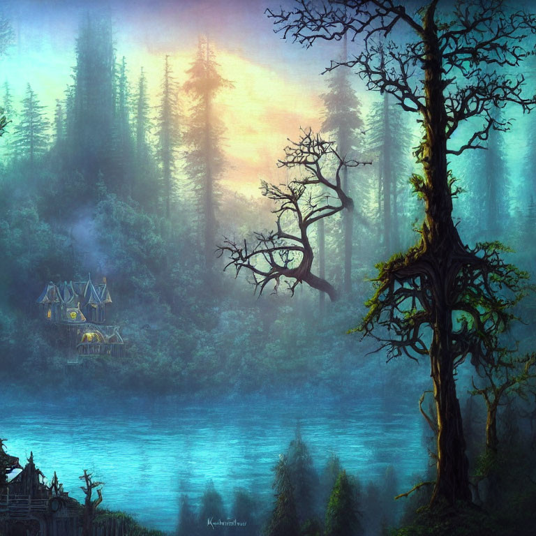 Twilight mystical forest with river, cottage, and foggy landscape