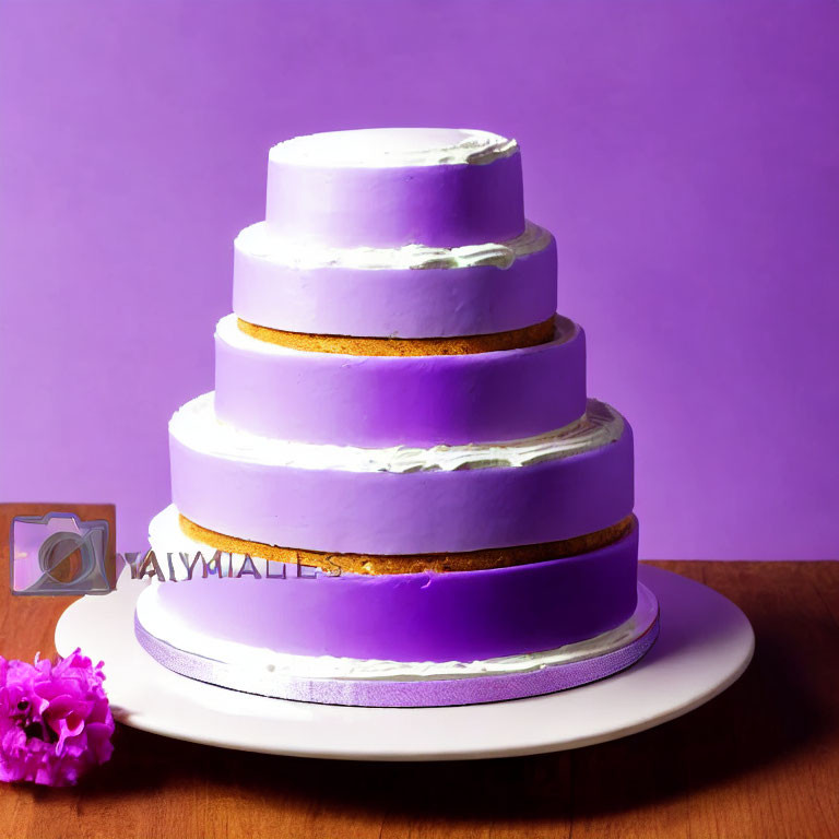 Three-Tiered Purple Ombre Cake with White Frosting on White Stand