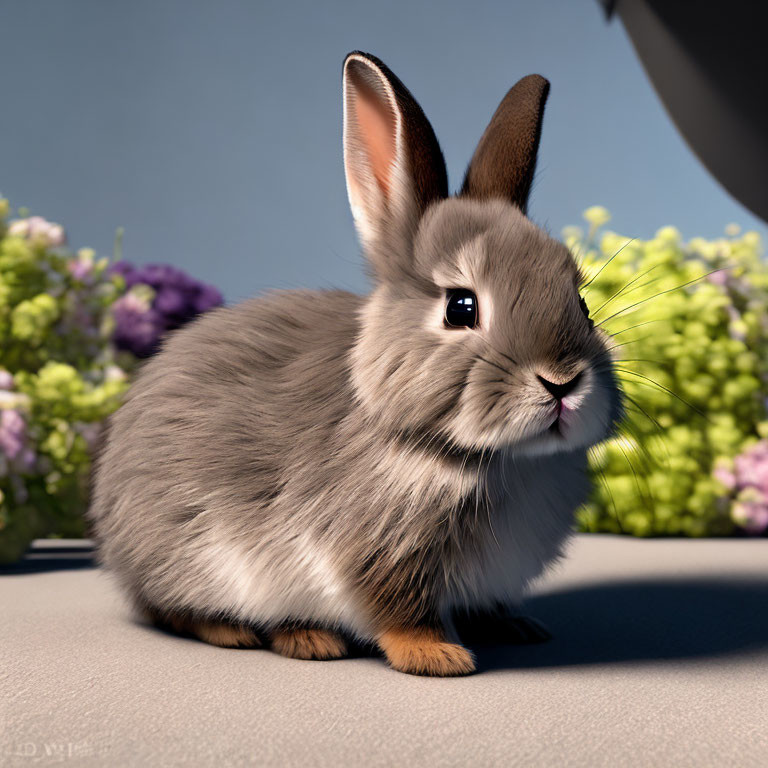 Fluffy gray rabbit with large ears in bright light among purple flowers