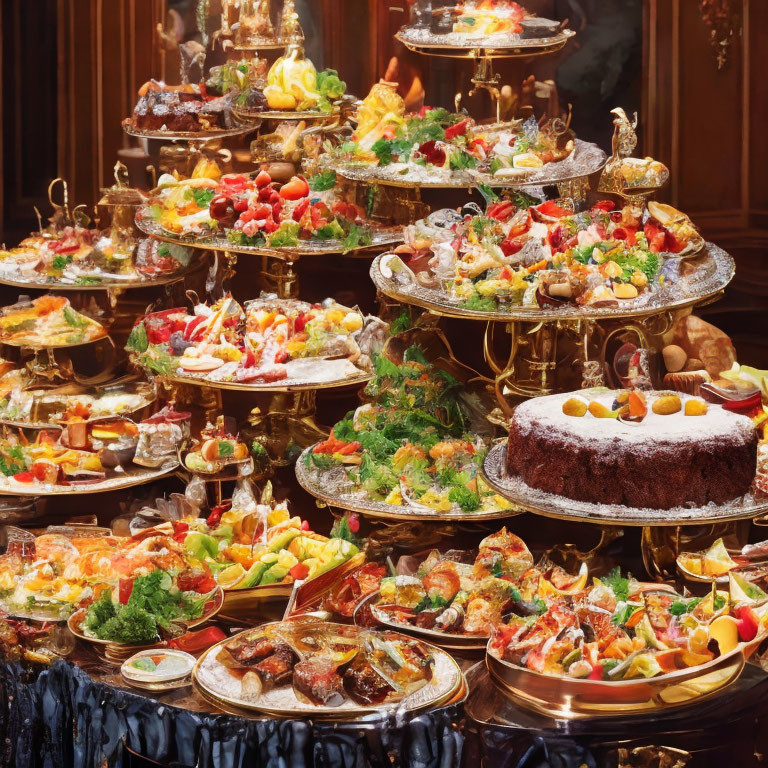 Luxurious Buffet Display of Gourmet Desserts and Canapés