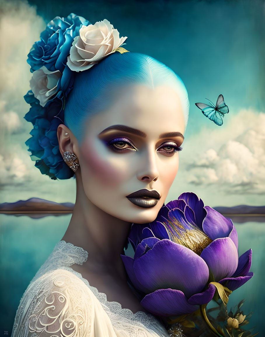 Portrait of Woman with Blue Hair and Flowers in Dramatic Makeup