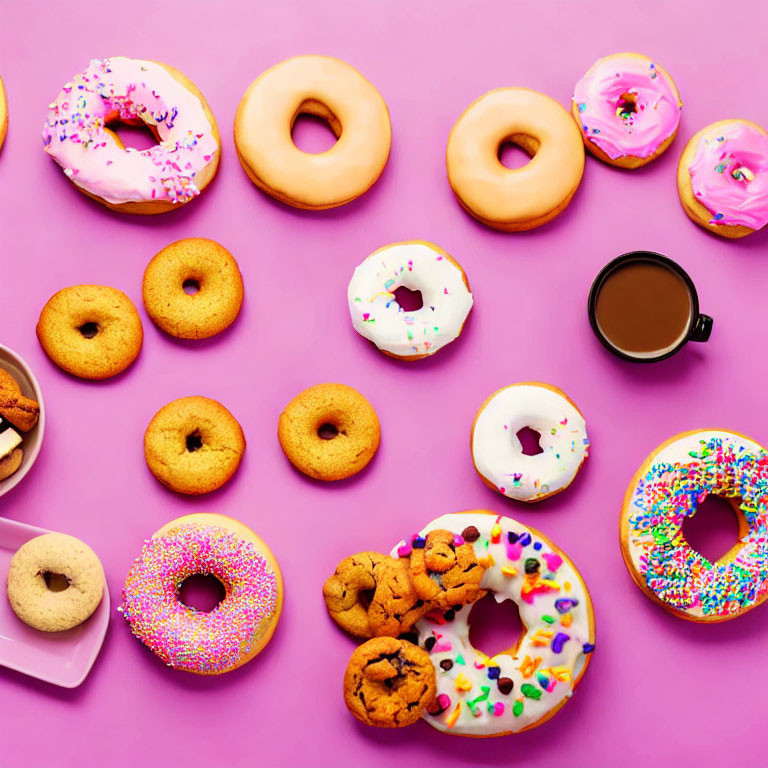 Assorted Donuts, Mini Donuts, Cookies, and Coffee on Pink Background