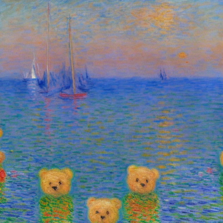 Impressionist-style seascape with teddy bear heads and boats at sunset