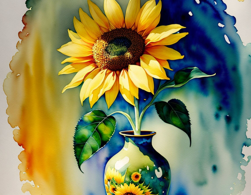 Bright Yellow Sunflower Painting in Blue Vase with Watercolor Background