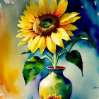 Bright Yellow Sunflower Painting in Blue Vase with Watercolor Background