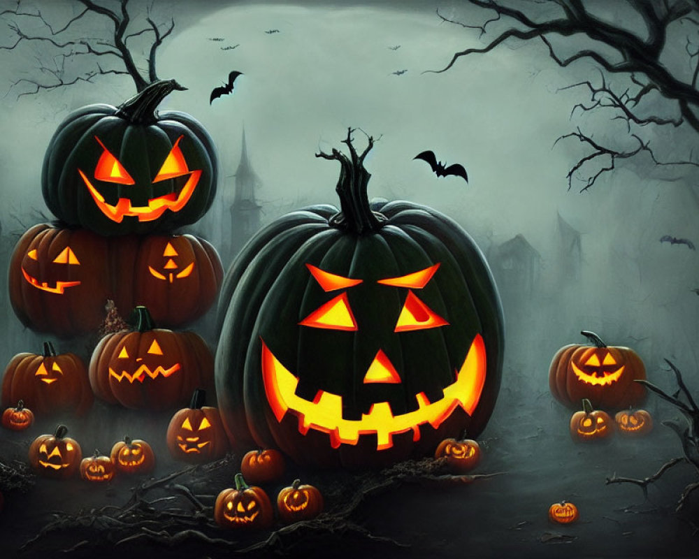 Haunted Halloween Night: Pumpkins, Bats, Trees, and Castle