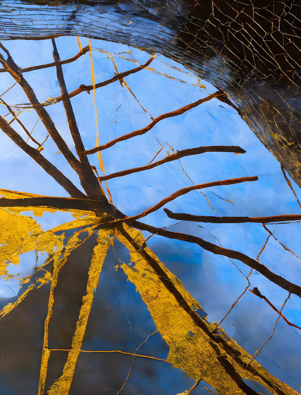 Abstract composition of bare tree branches, blue sky, and yellow foliage reflected in water