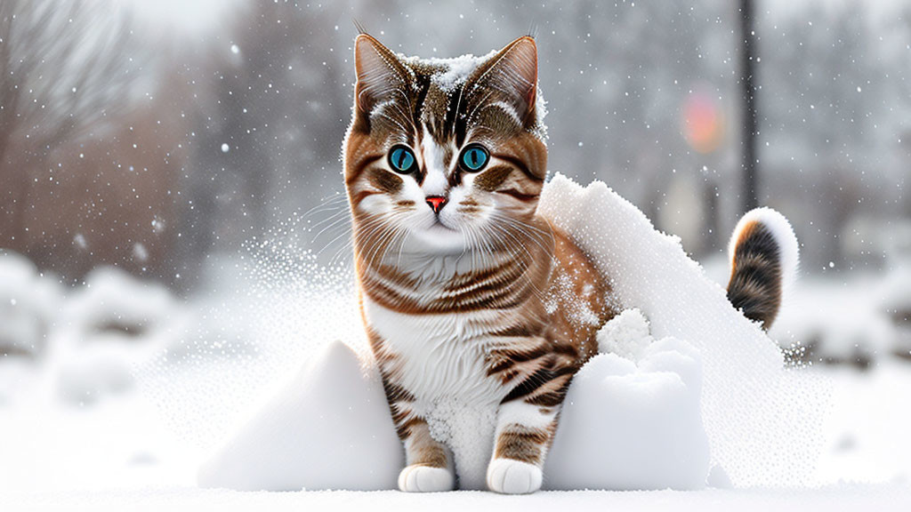 Striped Tabby Cat with Blue Eyes on Snowy Surface