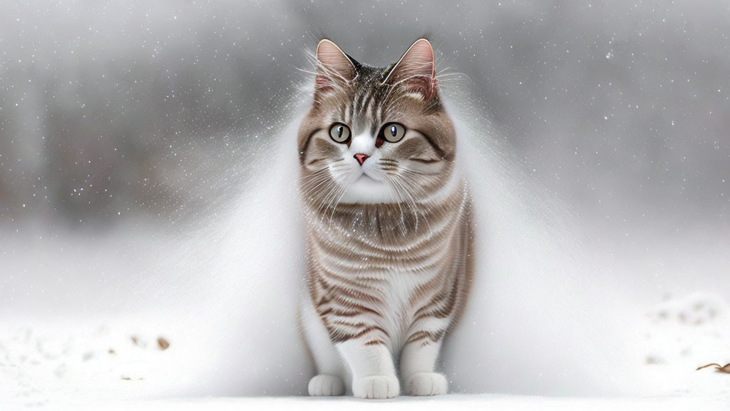 Brown and White Striped Cat in Snowy Scene