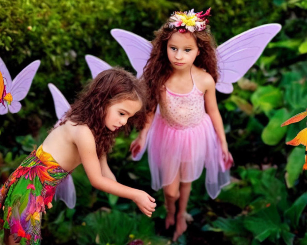 Young girls in fairy costumes with colorful wings in lush garden with vibrant butterflies