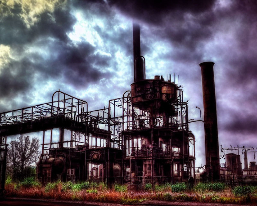 Metal structures and chimneys in industrial complex under dramatic sky.