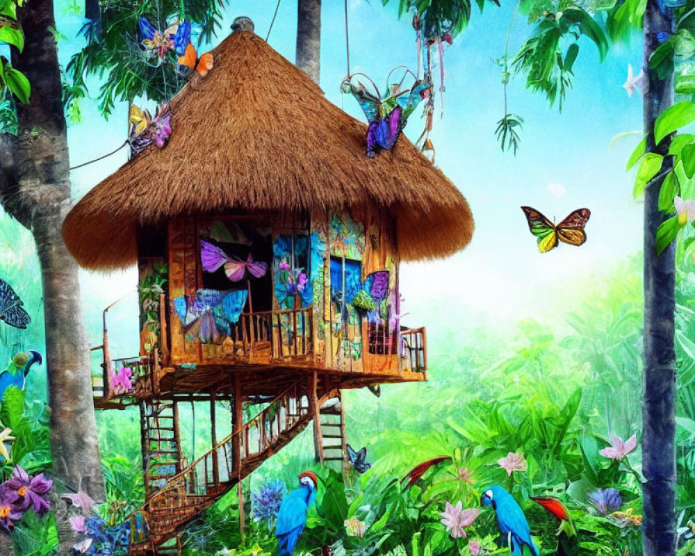 Colorful treehouse in lush tropical forest with thatched roof, butterflies, and exotic birds