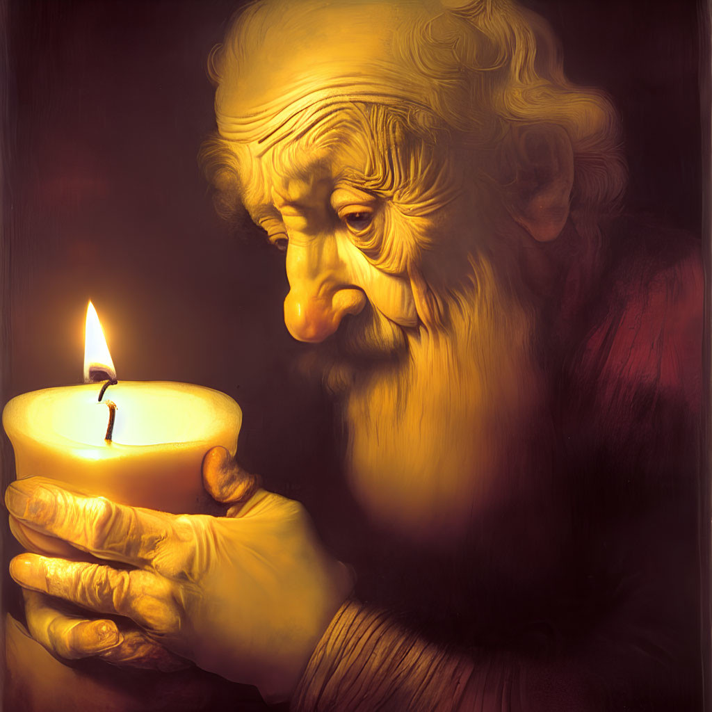 Elderly person with white beard holding lit candle in dark ambiance