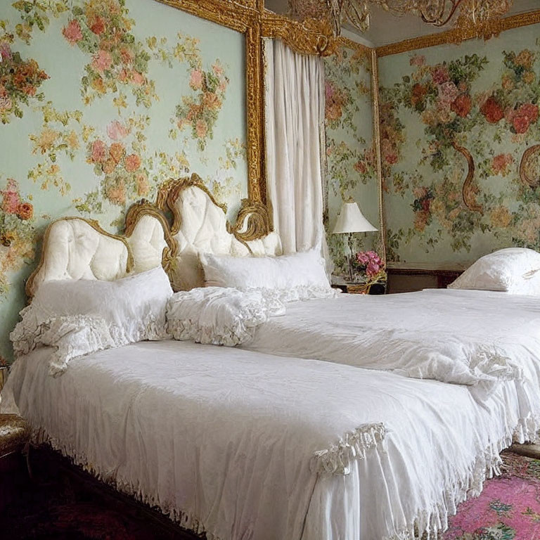 Opulent room with twin beds, white fringed coverlets, ornate gold headboards, floral