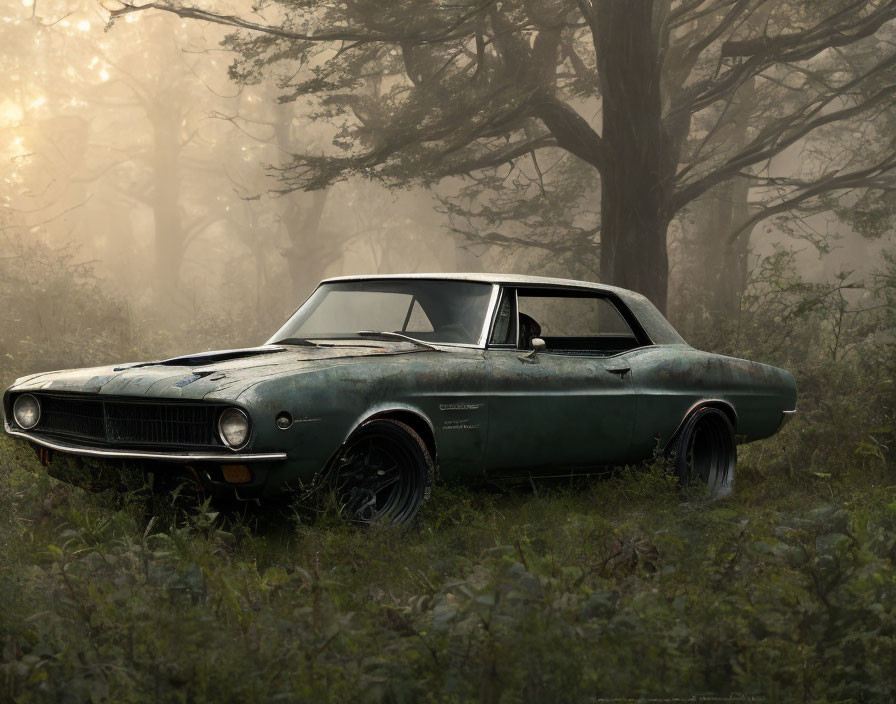 Vintage Green Car Parked in Misty Forest with Sunlight Filtering Through Trees