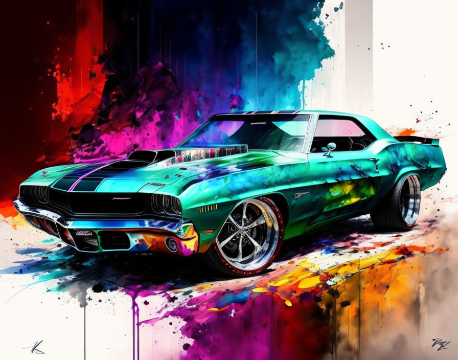 Colorful digital artwork: Classic muscle car with dynamic paint splashes