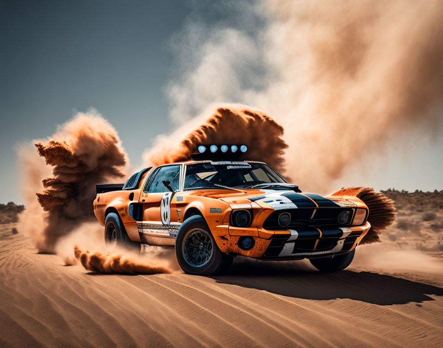 Orange and White Rally Car Speeding in Desert Landscape