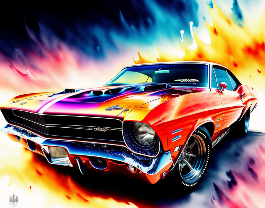 Colorful Illustration of Muscle Car with Flaming Background