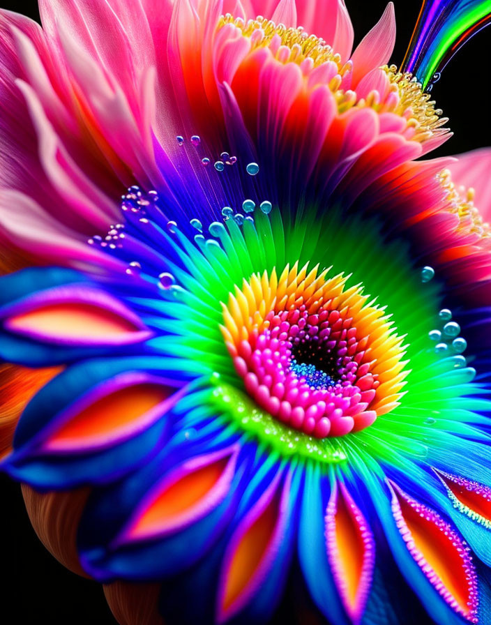 Colorful Neon Flower with Water Droplets in Digital Art