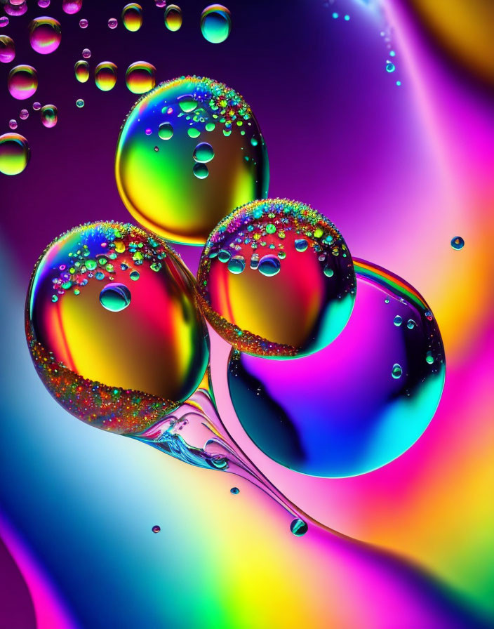 Colorful Background with Iridescent Bubbles and Water Droplets