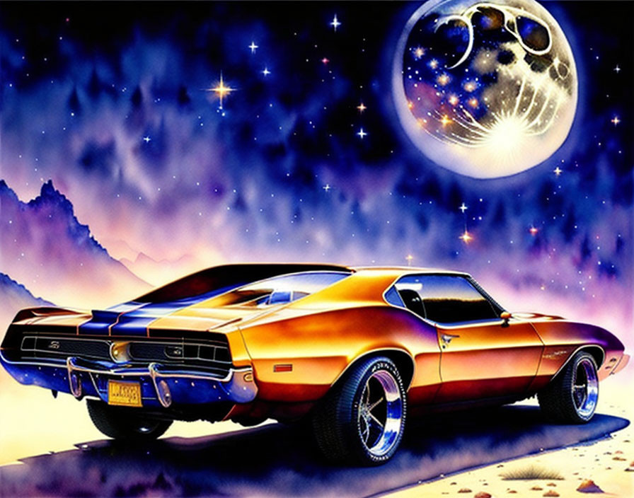 Detailed illustration of muscle car with flaming paint job under starry sky