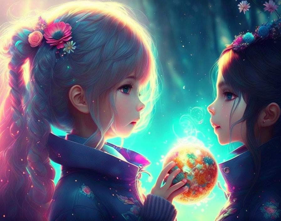 Animated girls with flowers in hair and magical orb in fantasy setting