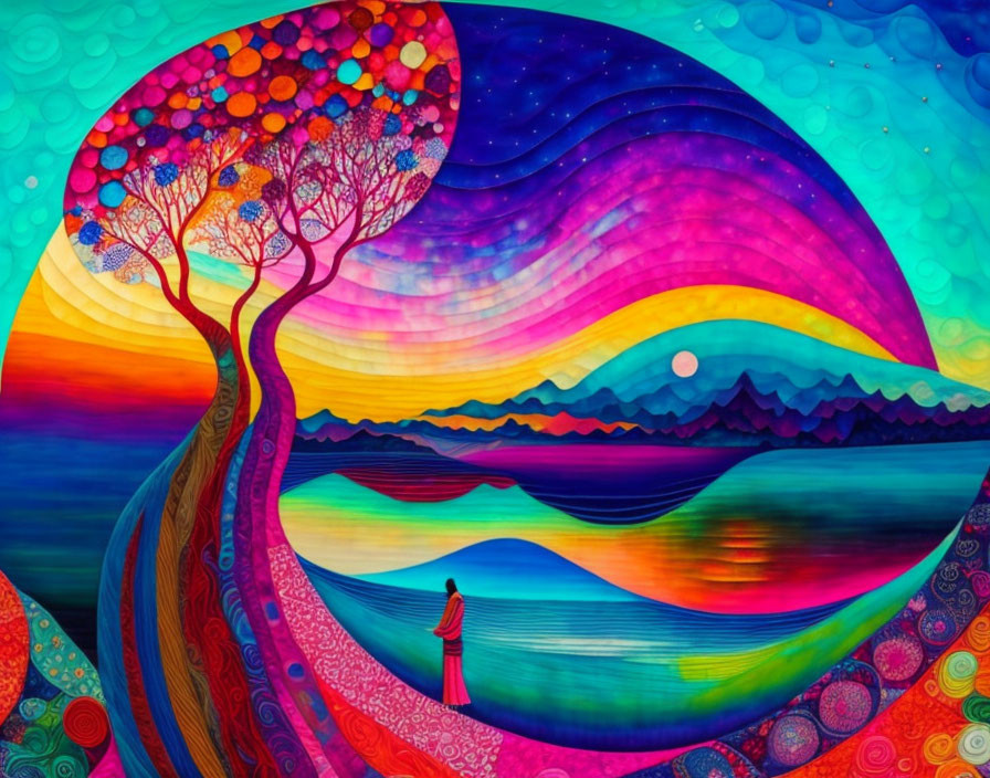 Colorful Artwork: Person by the Sea Under Multicolored Tree