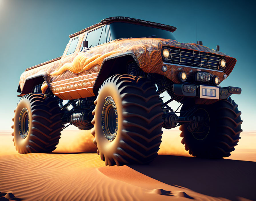 Large-tired orange monster truck in desert landscape kicking up sand