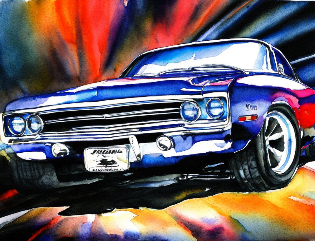 Classic Blue Chevrolet SS Muscle Car Watercolor Painting