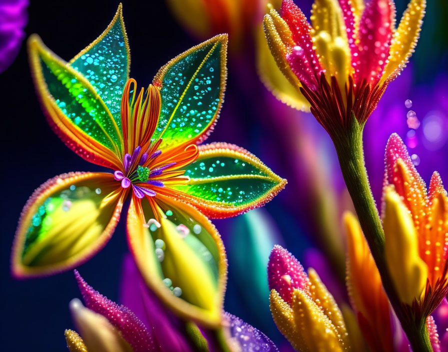 Colorful Flowers with Dewdrops on Dark Background: Yellow, Red, Green