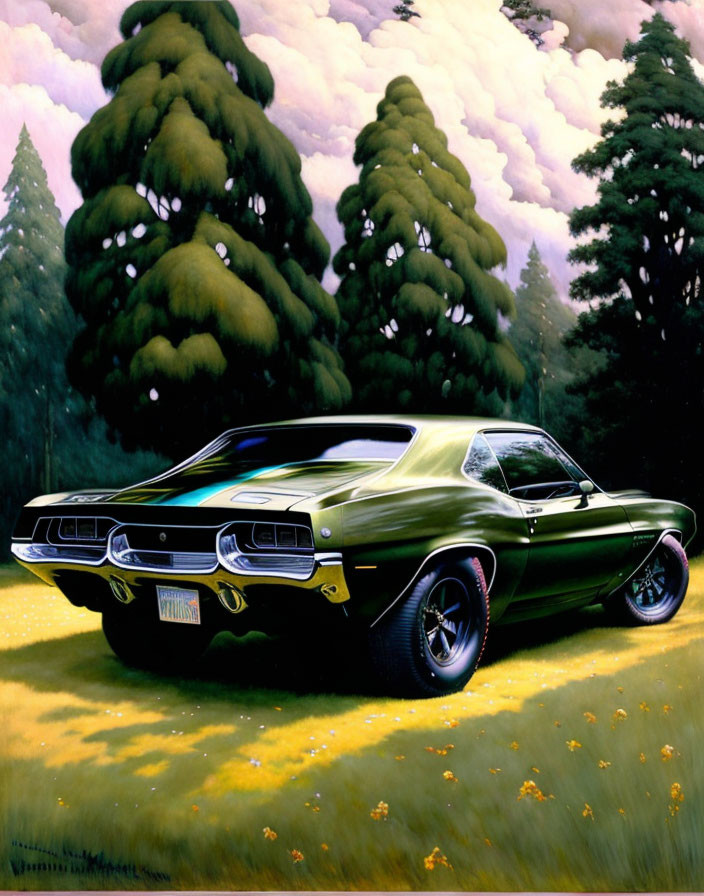 Vintage green muscle car parked on grass with pine trees and cloudy sky.