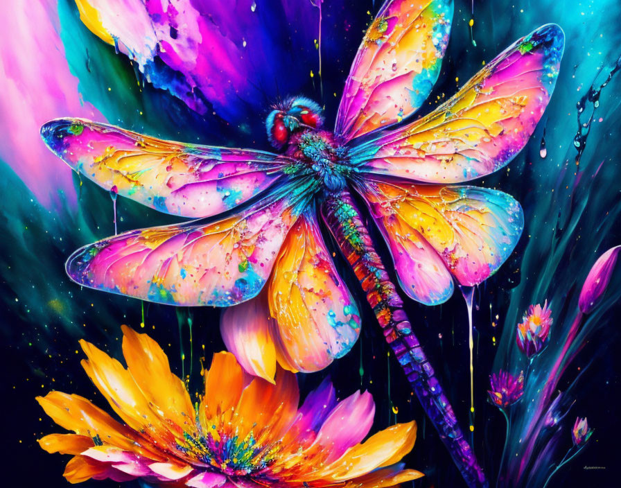 Colorful Dragonfly Artwork with Multicolored Wings on Orange Flowers