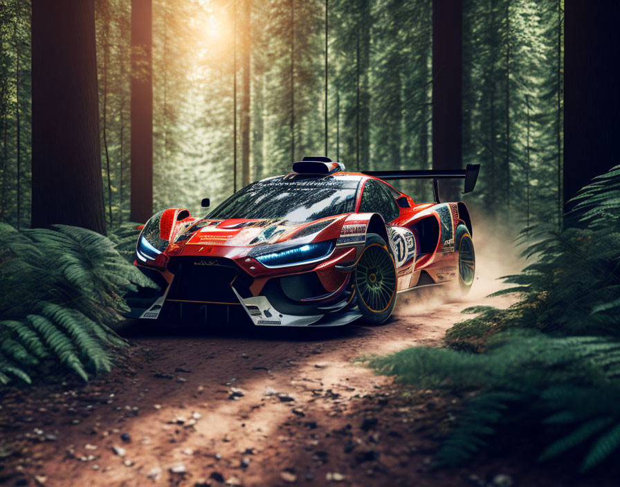 Vibrant livery race car speeds through misty forest landscape