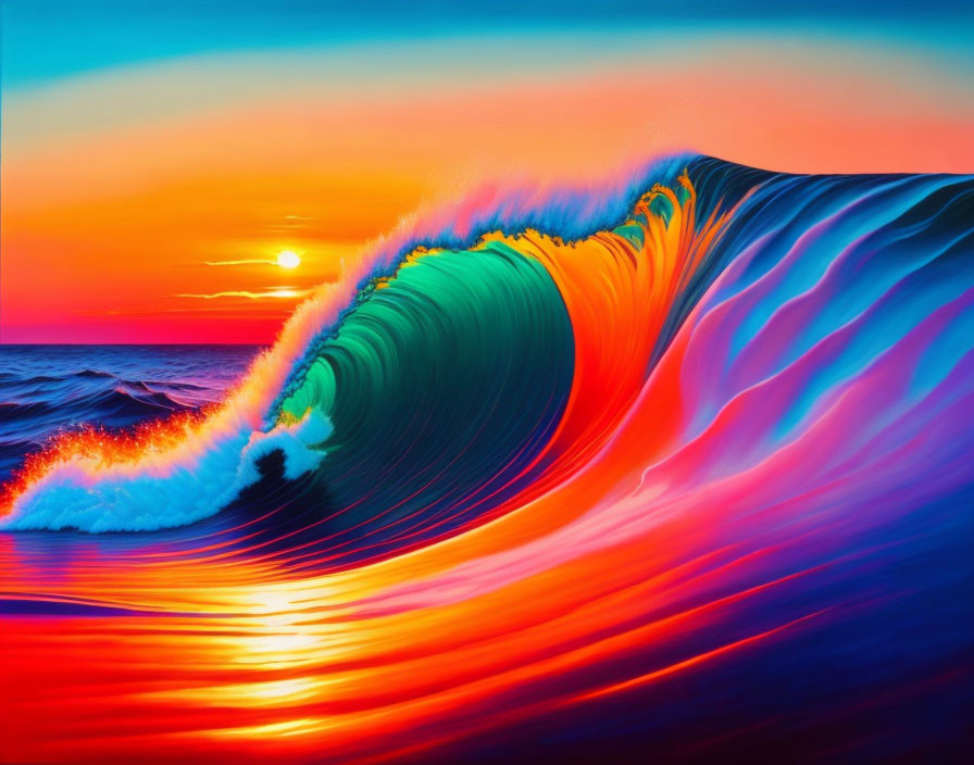 Colorful digital artwork: Large ocean wave at sunset with blue to red hues