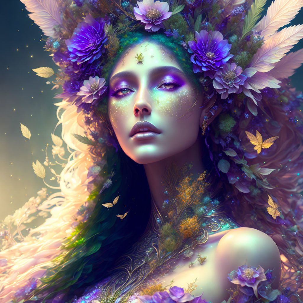 Fantastical image of woman with floral and butterfly adornments