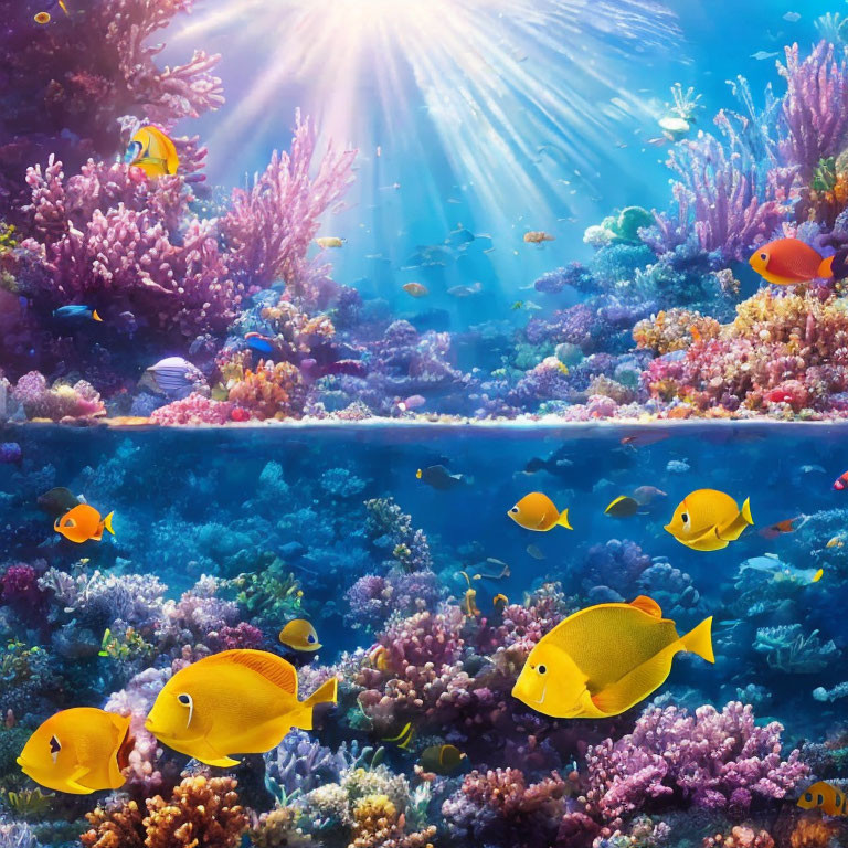 Colorful Fish and Coral Reefs in Sunlit Underwater Scene