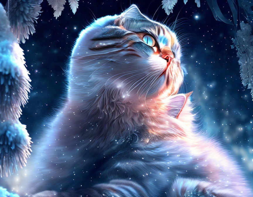 Majestic cat with blue eyes in starry night and snowy branches