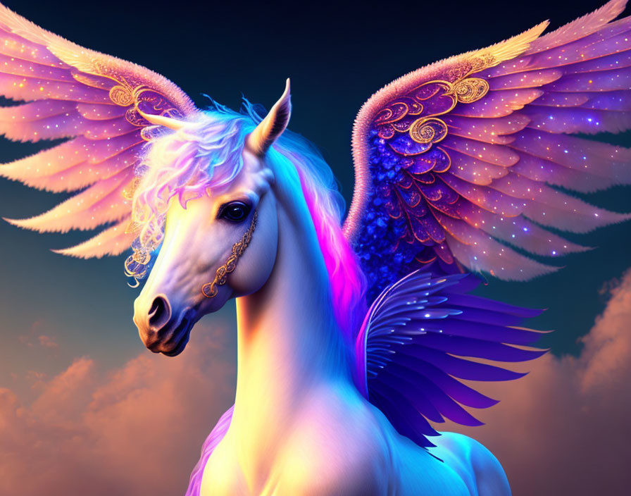 Majestic unicorn with iridescent wings in twilight sky, purple and blue hues.