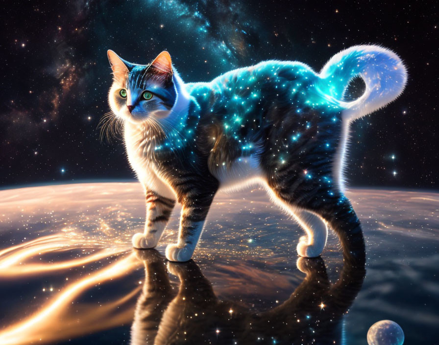 Sparkling Star-Filled Coat Cat on Reflective Surface with Cosmic Backdrop