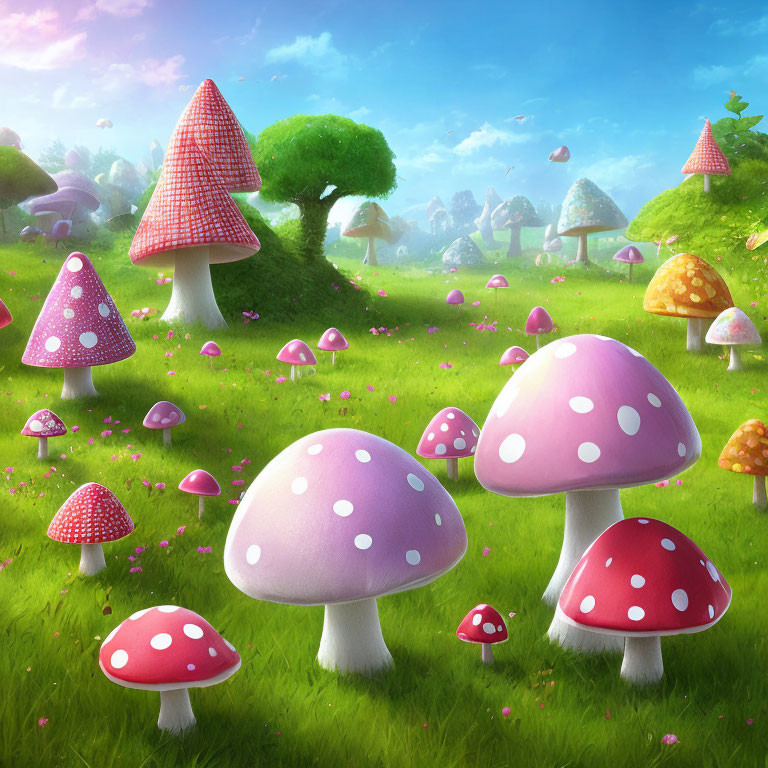 Fantasy Mushroom Field Under Bright Sky