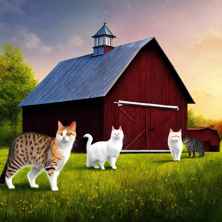 Three Cats in Front of Red Barn on Sunny Day