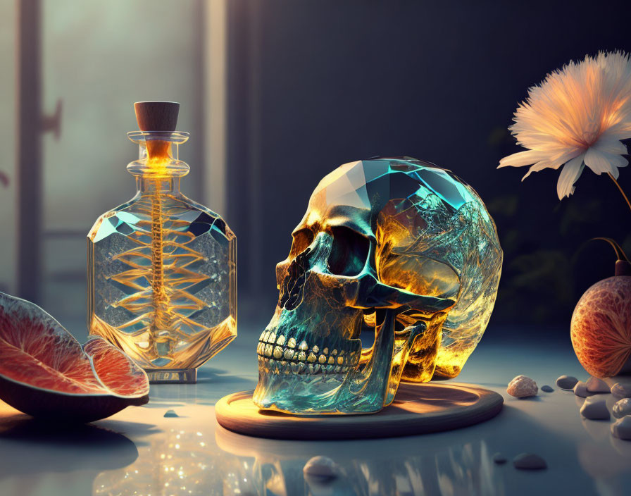 Crystal skull, glass bottle, flower, citrus, and pebbles on table