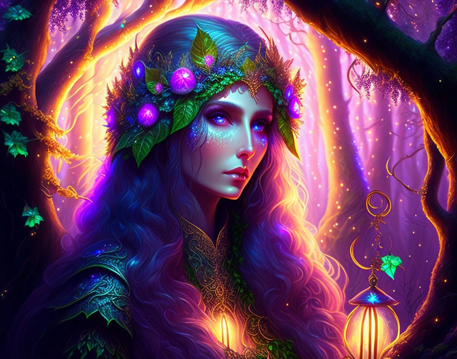 Mystical forest lady with flowing hair, crown of leaves, surrounded by purple and gold lights,