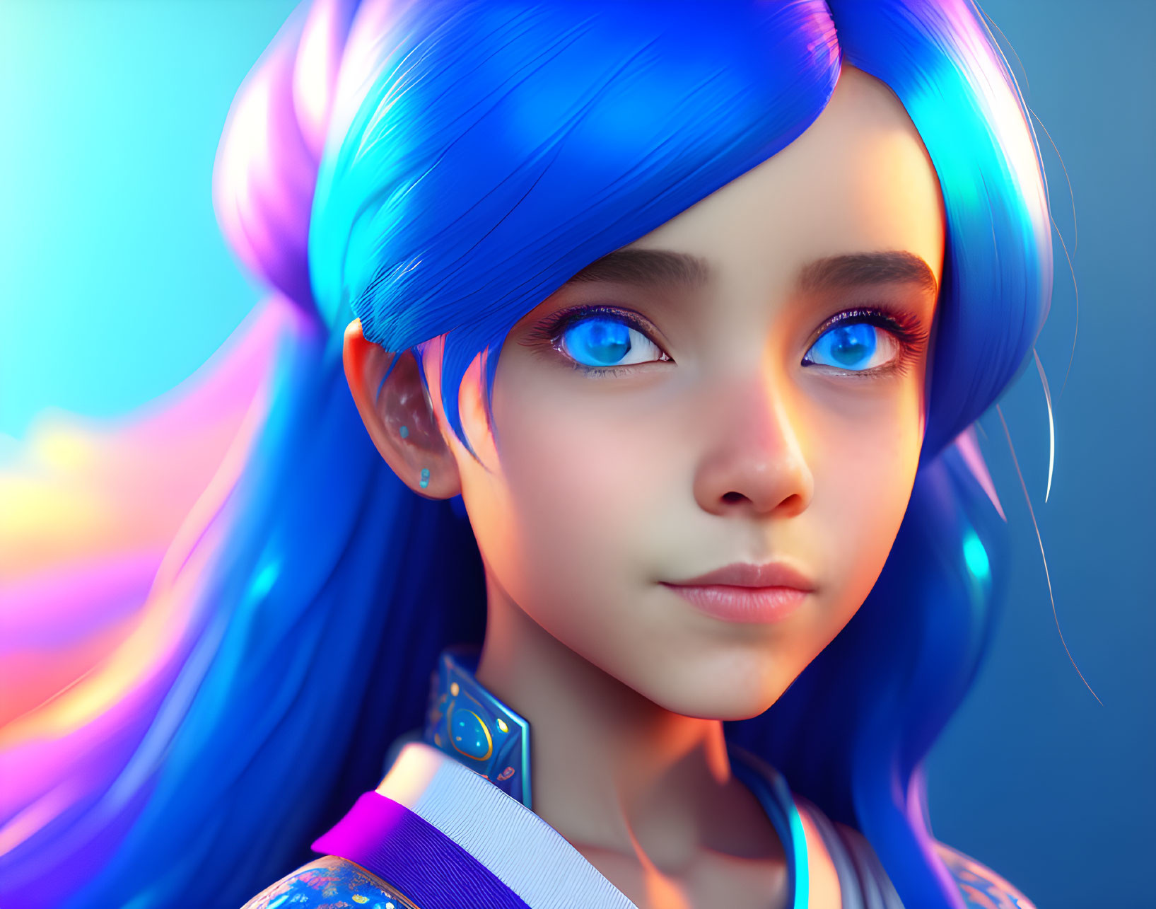 Vibrant 3D illustration: Girl with blue hair and expressive eyes on colorful backdrop