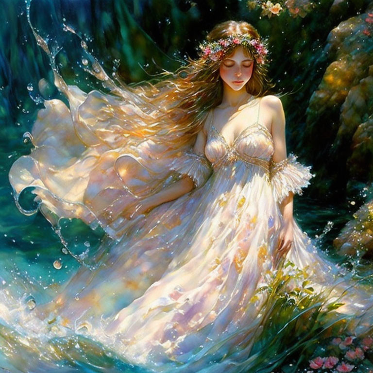 Woman in ethereal dress by water with flowers - serene scene