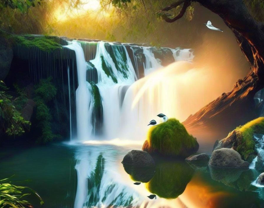 Tranquil waterfall scene with sunlight, birds, and reflections