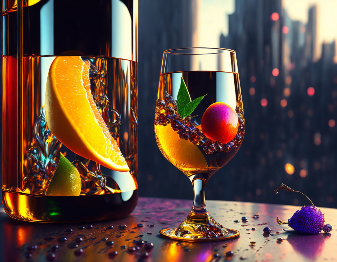 Colorful glass with fruit and splash next to bottle on reflective surface with cityscape background.